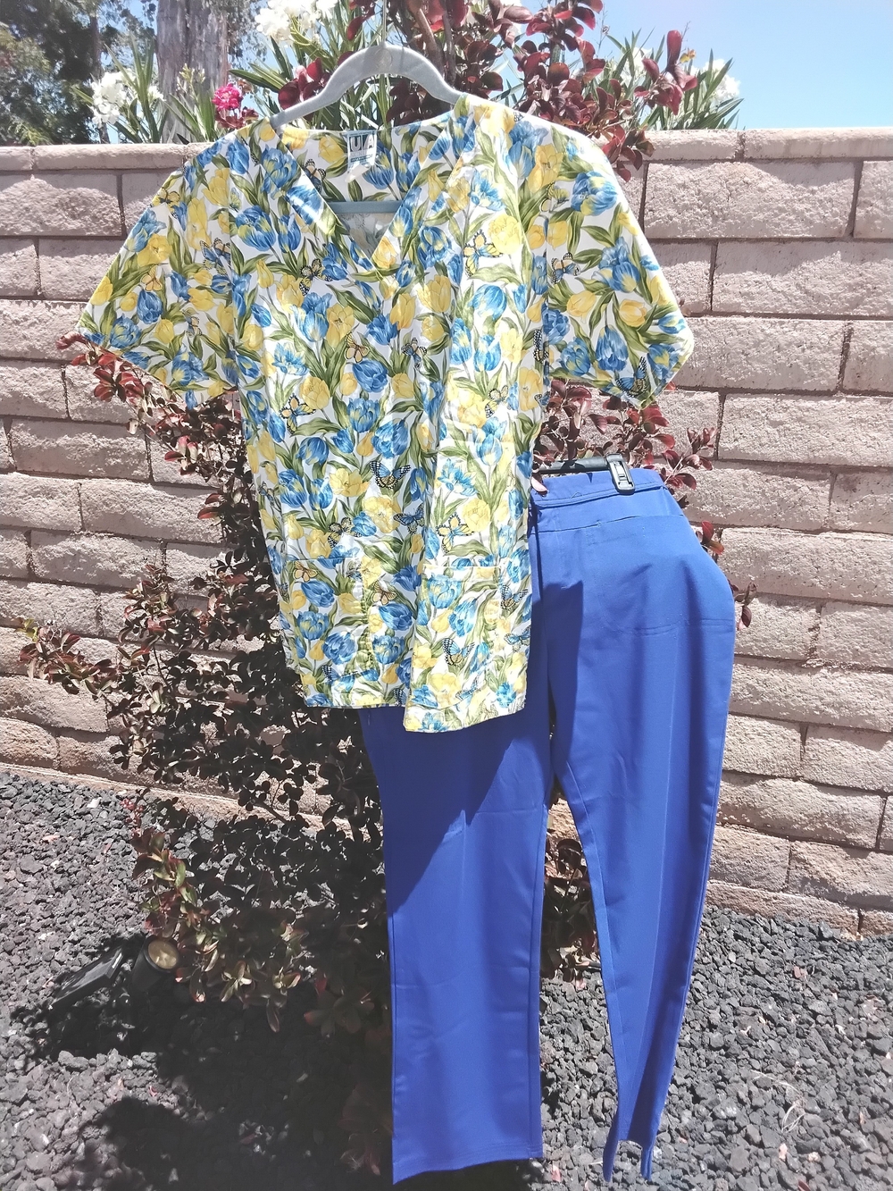 UA Scrubs Floral Yellow, Blue & Green V-Neck Top
